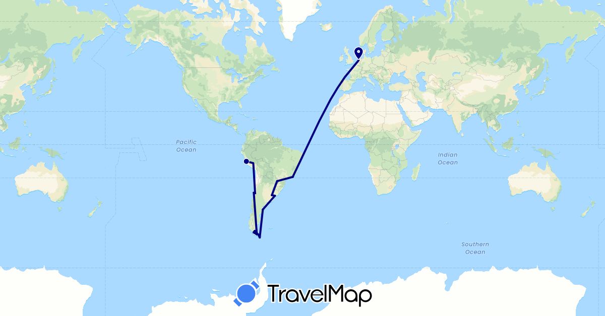 TravelMap itinerary: driving in Argentina, Brazil, Chile, Netherlands, Peru, Uruguay (Europe, South America)